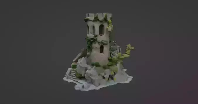 Medieval Stone Tower Ruin with Overgrowth