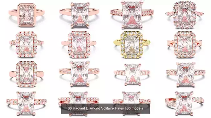 30 Radiant Diamond Solitaire Rings 3D Model Collection