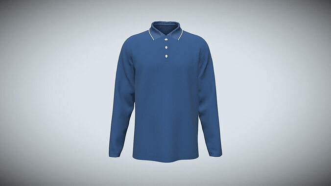 Mens Long Sleeve Pique Polo In Navy In Low Poly Low-poly 3D model