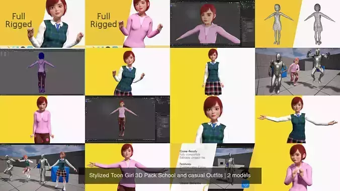 Stylized Toon Girl 3D Pack School and casual Outfits