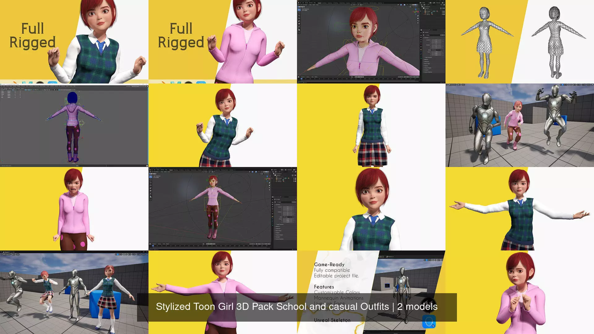 Stylized Toon Girl 3D Pack School and casual Outfits 3D Model Collection_1