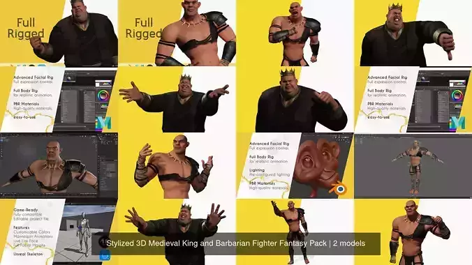 Stylized 3D Medieval King and Barbarian Fighter Fantasy Pack