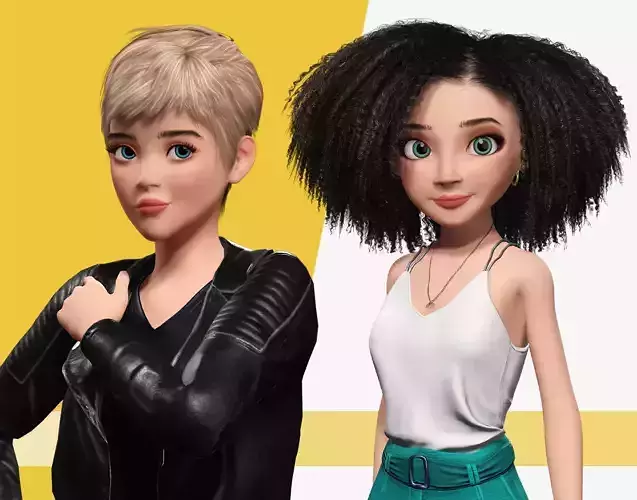 Stylized Cartoon Female Duo Curly and Edgy Fashion Rigged 3D Model Collection