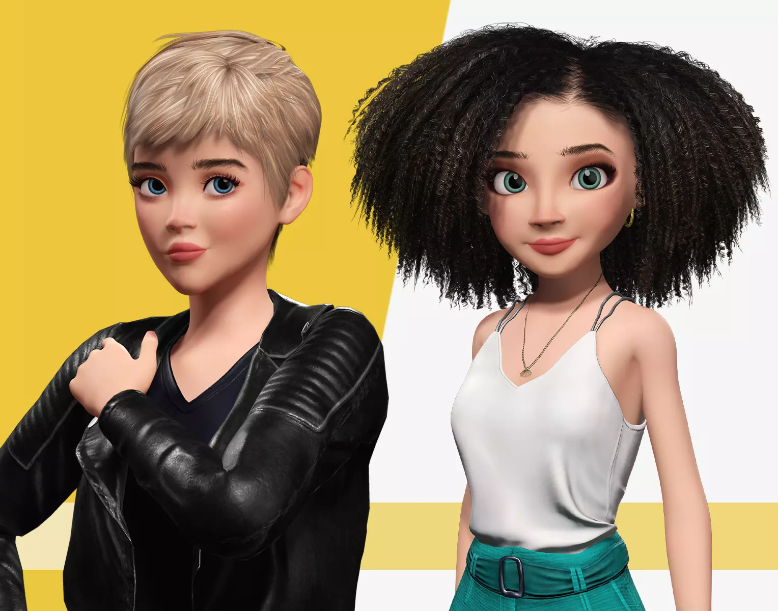 Stylized Cartoon Female Duo Curly and Edgy Fashion Rigged 3D Model Collection_0