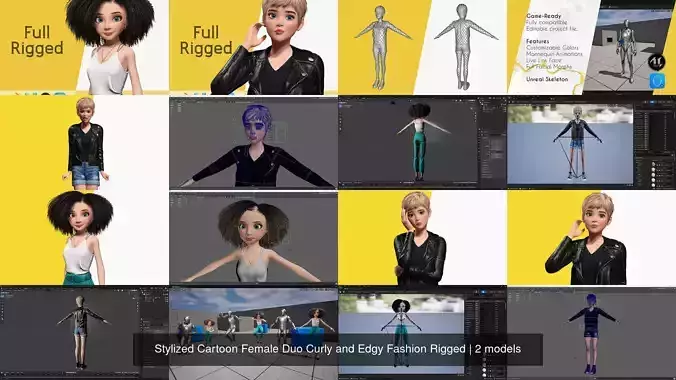 Stylized Cartoon Female Duo Curly and Edgy Fashion Rigged