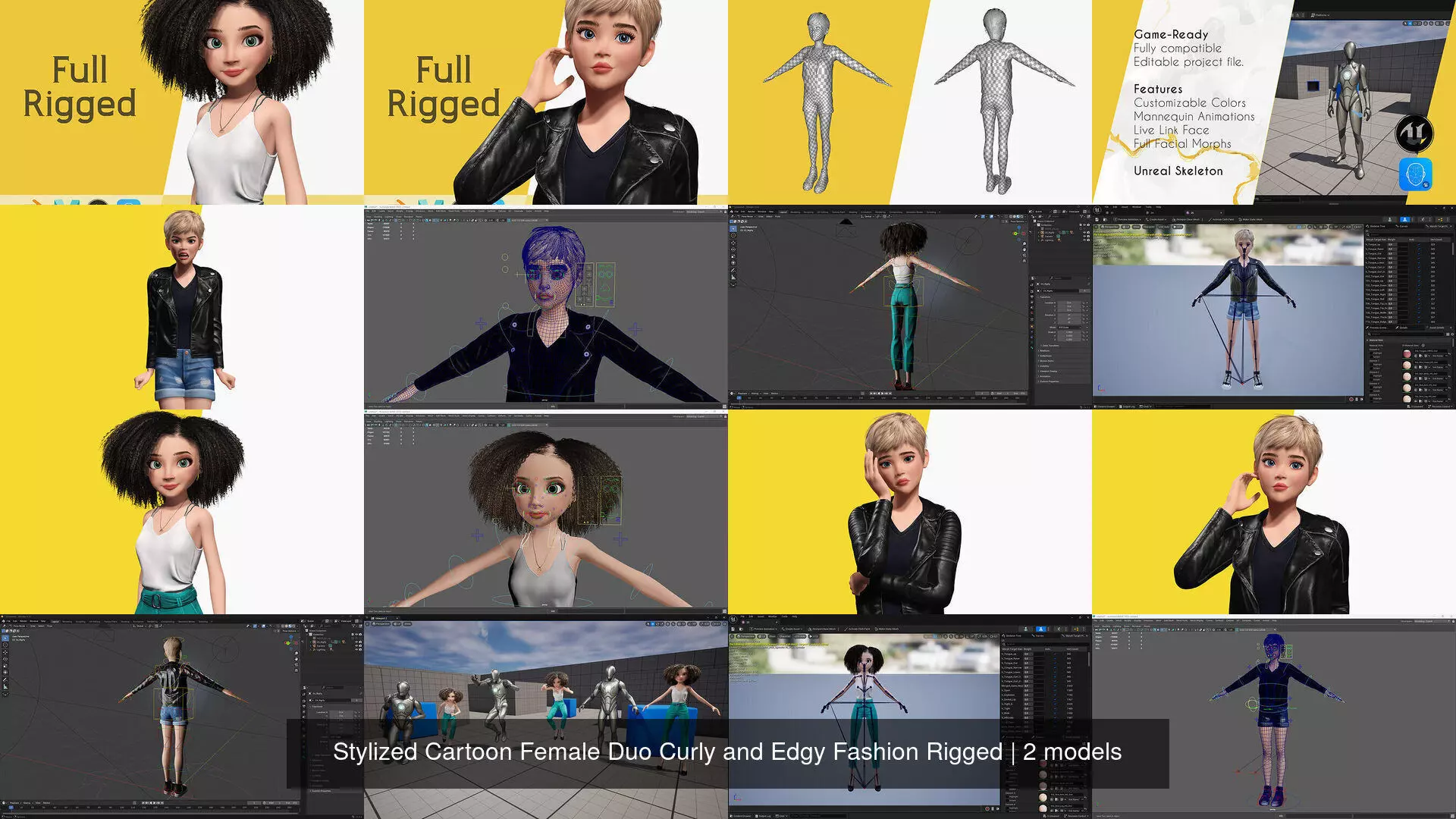 Stylized Cartoon Female Duo Curly and Edgy Fashion Rigged 3D Model Collection_1
