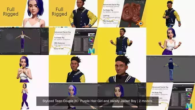 Stylized Teen Couple 3D  Purple Hair Girl and Varsity Jacket Boy