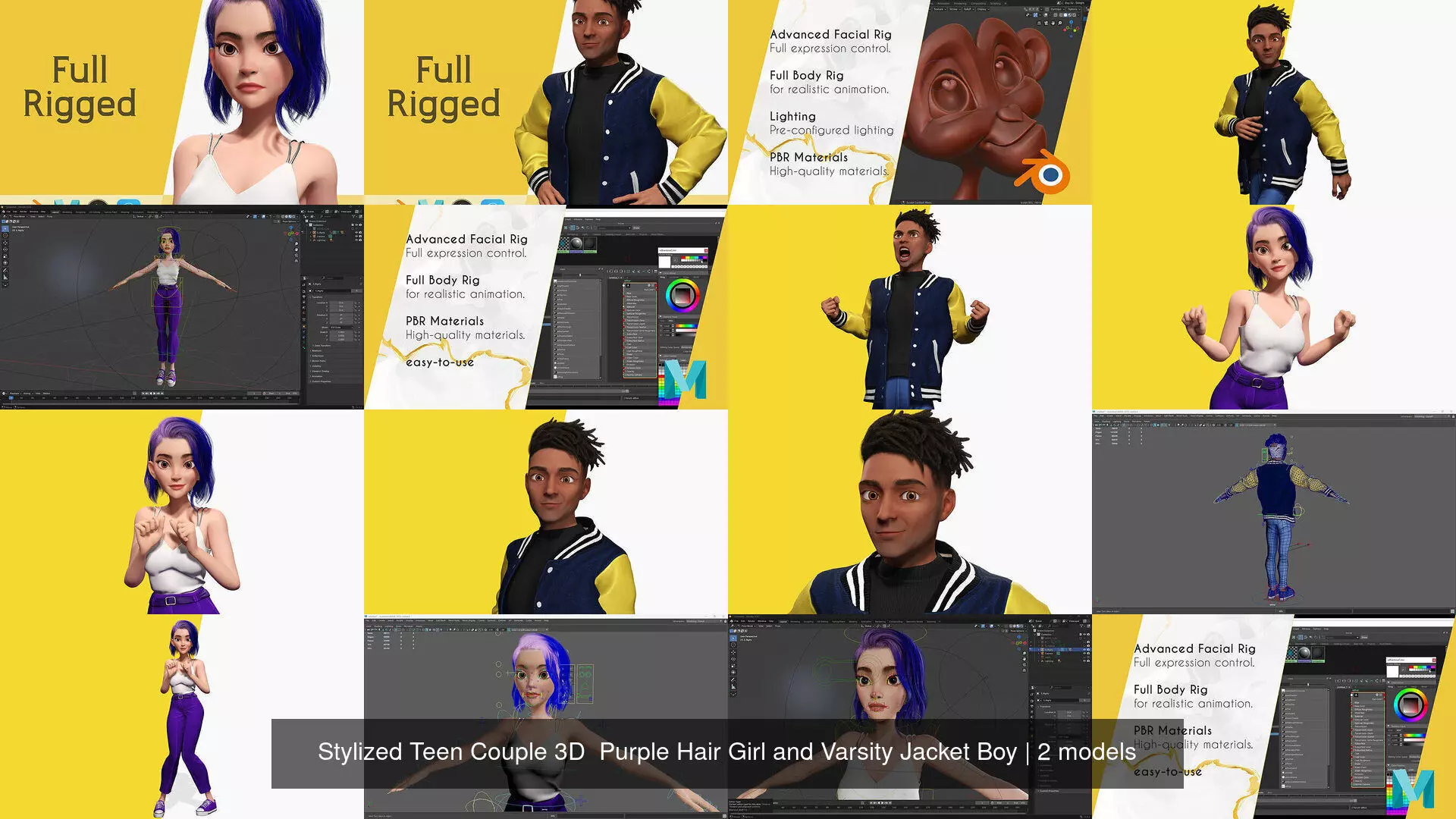 Stylized Teen Couple 3D  Purple Hair Girl and Varsity Jacket Boy 3D Model Collection_1