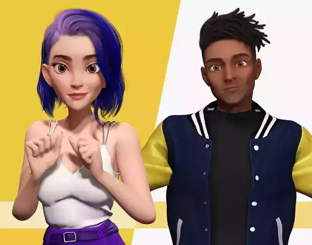 Stylized Teen Couple 3D  Purple Hair Girl and Varsity Jacket Boy 3D Model Collection Stylized Teen Couple 3D  Purple Hair Girl and Varsity Jacket Boy 3D Model Collection