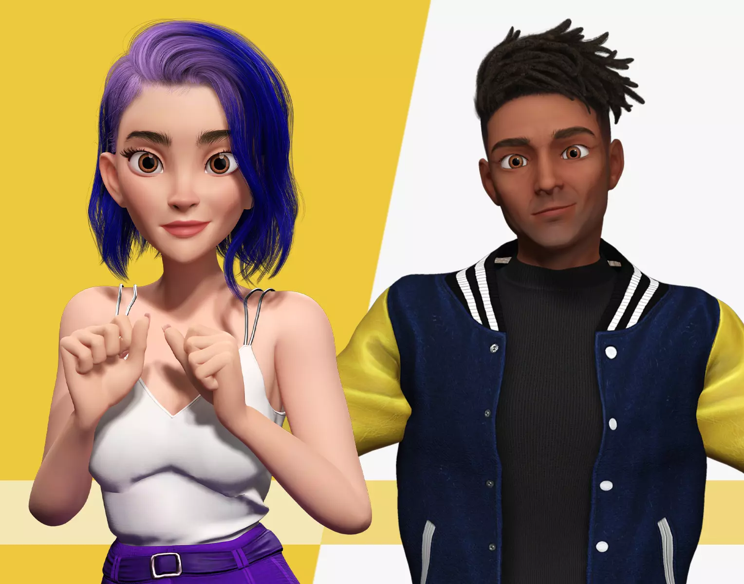 Stylized Teen Couple 3D  Purple Hair Girl and Varsity Jacket Boy 3D Model Collection_0
