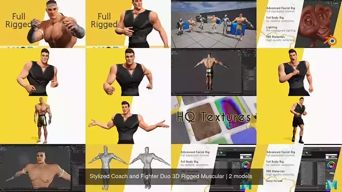 Stylized Coach and Fighter Duo 3D Rigged Muscular