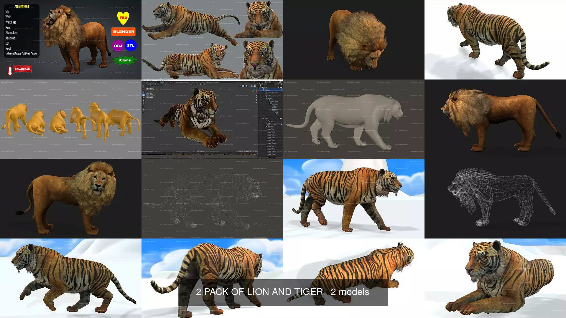 2 PACK OF LION AND TIGER 3D Model Collection_0