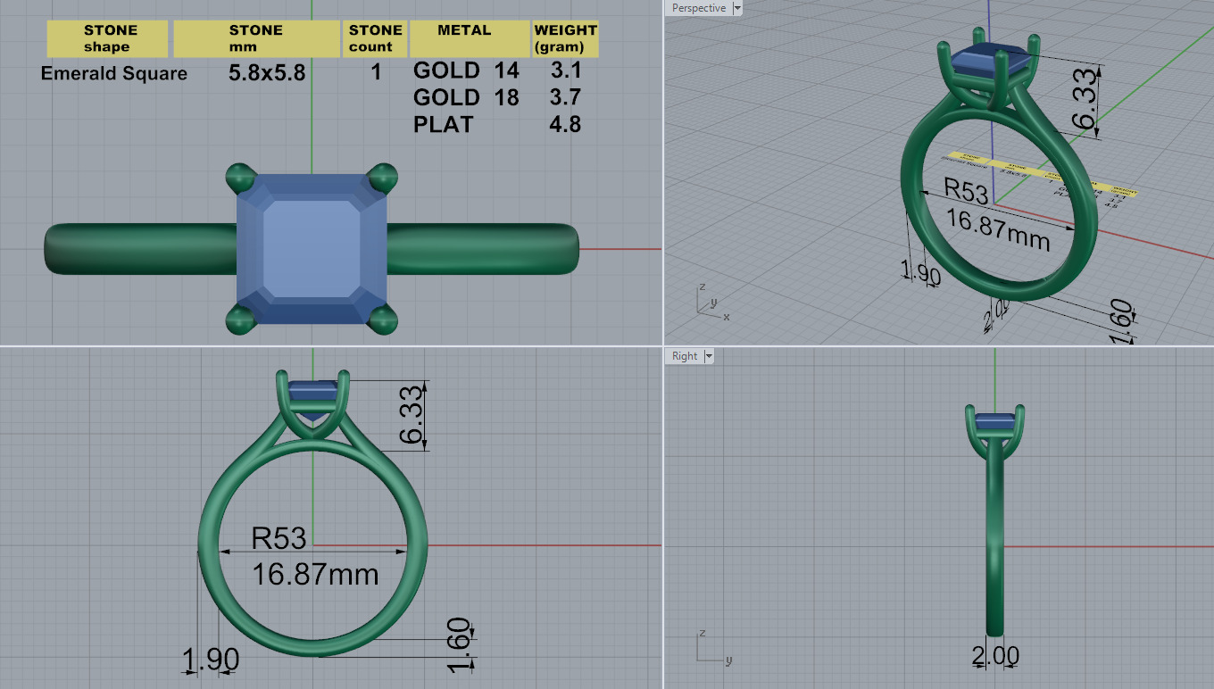 Emerald square engagement ring 3D print model_1