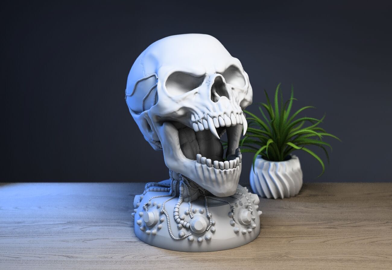 Robot skull human Headphone Stand Cyborg Headset Stand 3D print model_1