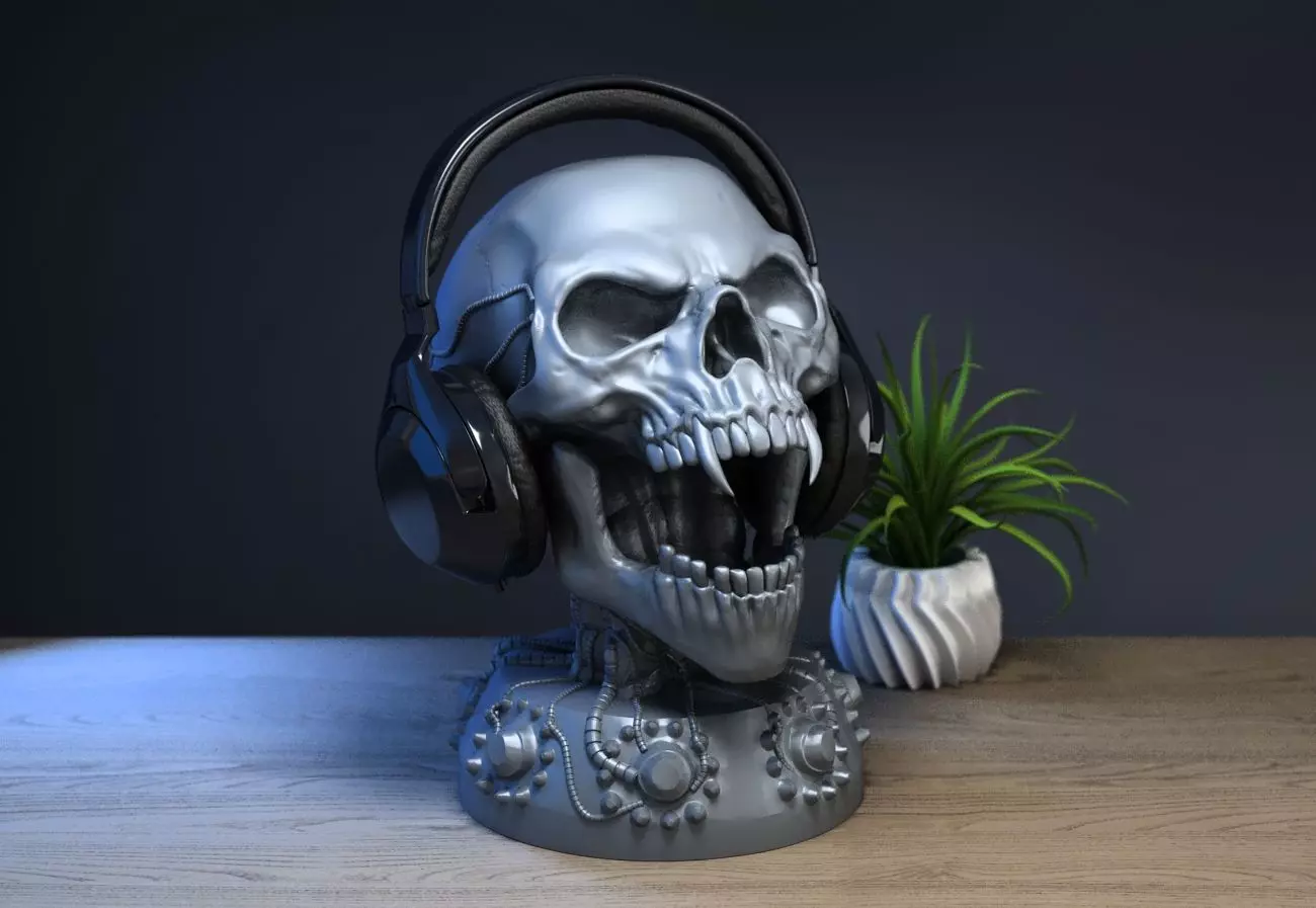 Robot skull human Headphone Stand Cyborg Headset Stand 3D print model_0