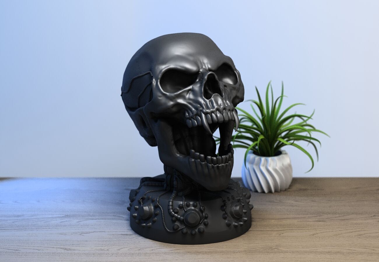 Robot skull human Headphone Stand Cyborg Headset Stand 3D print model_2
