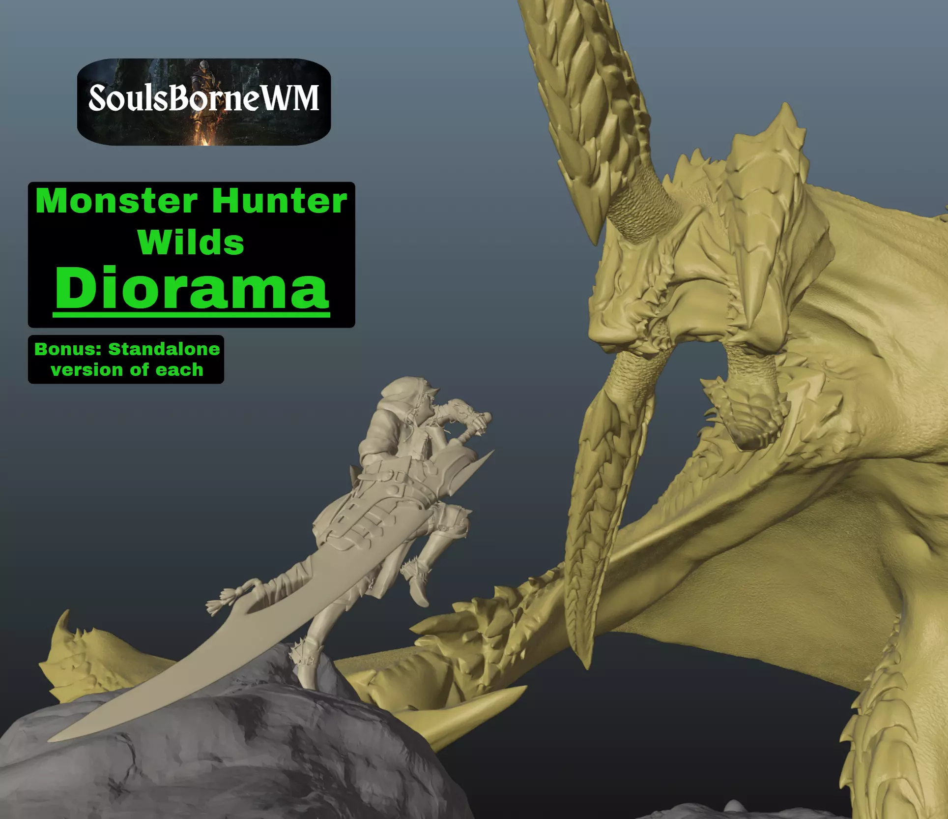 Monster Hunter Wilds Rey Dau vs Hunter 3D print model_0