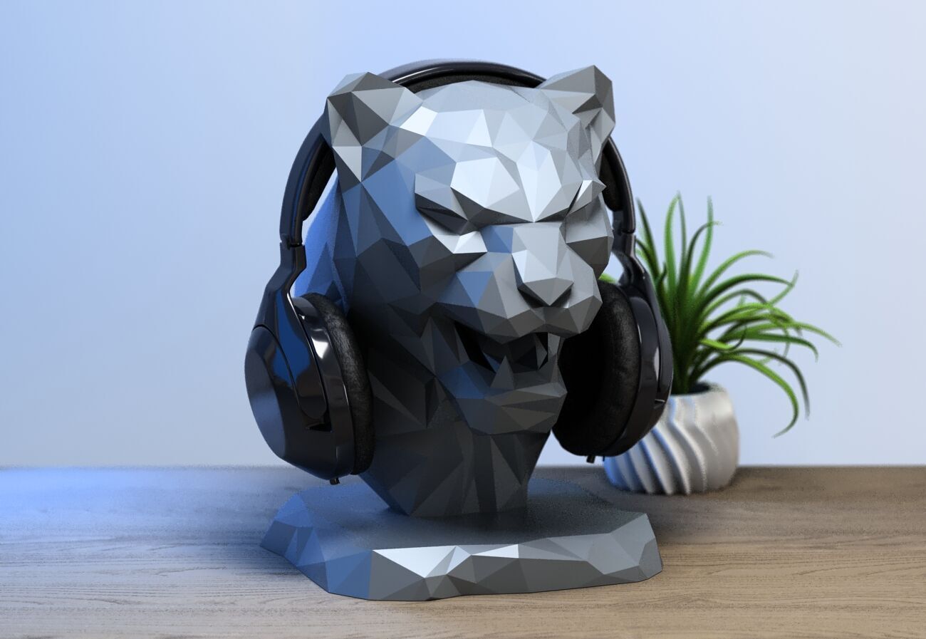 Lion low-poly head Headphone Stand  Cyborg Headset Stand 3D print model_1