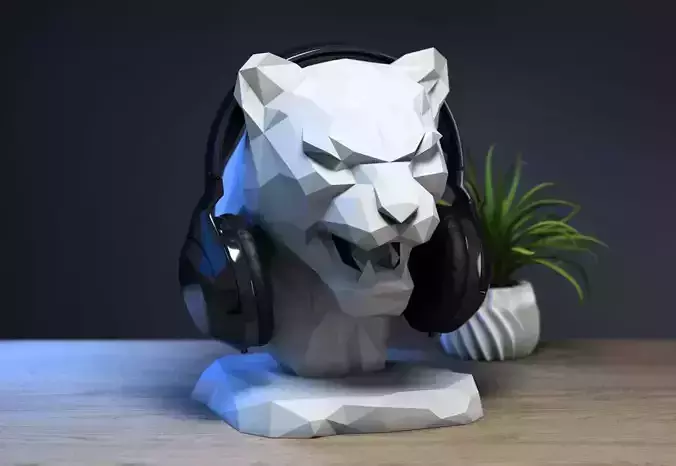 Lion low-poly head Headphone Stand  Cyborg Headset Stand
