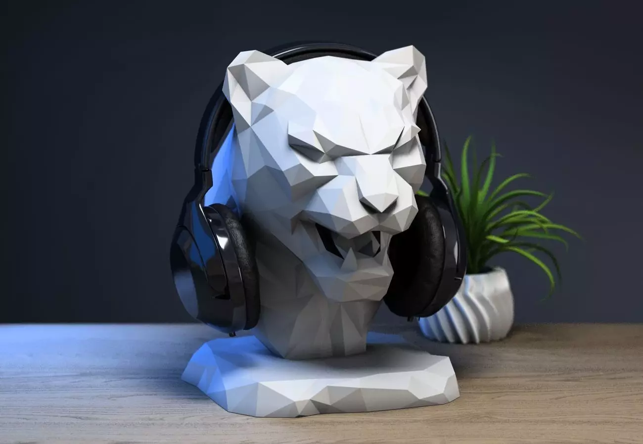 Lion low-poly head Headphone Stand  Cyborg Headset Stand 3D print model_0