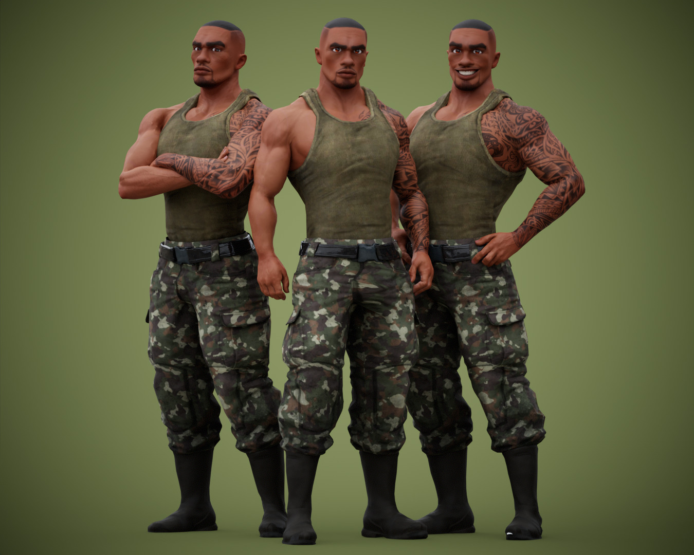 Muscular Soldier Man Cartoon Character Rigged Low-poly 3D model_3