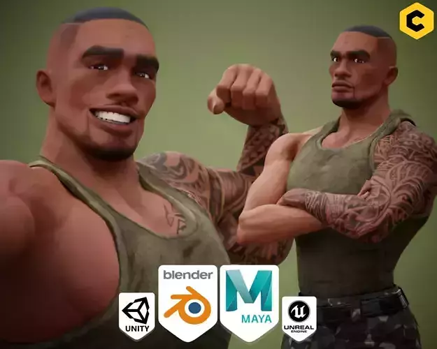 Muscular Soldier Man Cartoon Character Rigged Low-poly 3D model