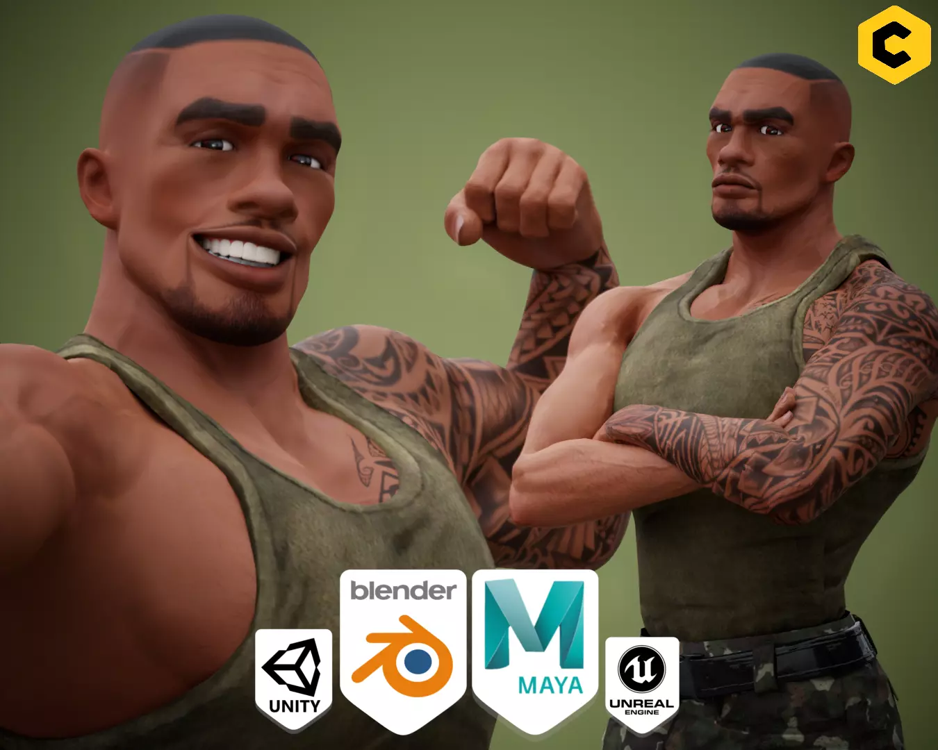 Muscular Soldier Man Cartoon Character Rigged Low-poly 3D model_0