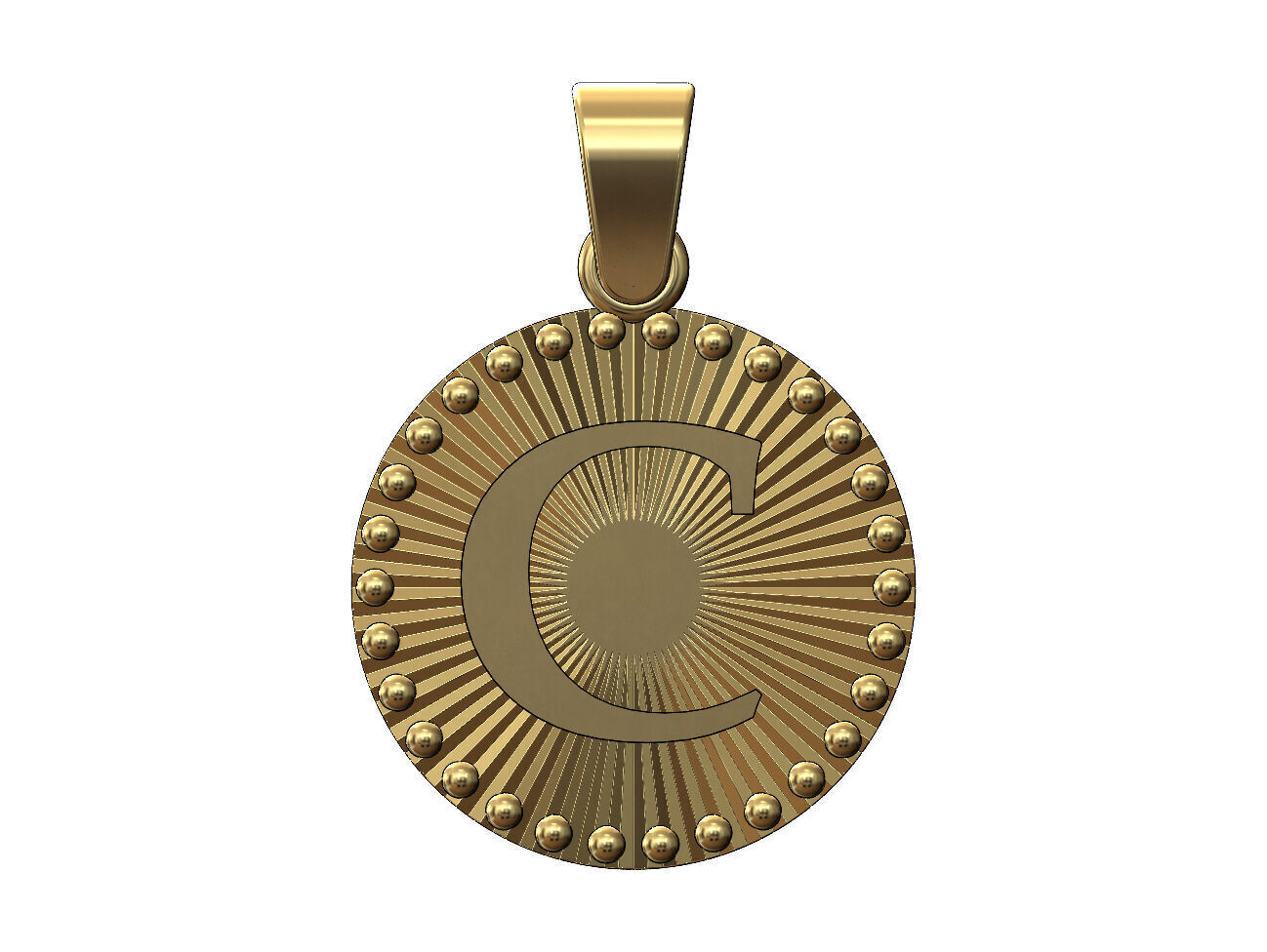 C letter initial faceted sunrays beaded coin pendant charm 3D print model_1