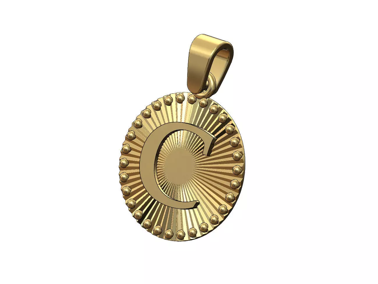 C letter initial faceted sunrays beaded coin pendant charm 3D print model_0