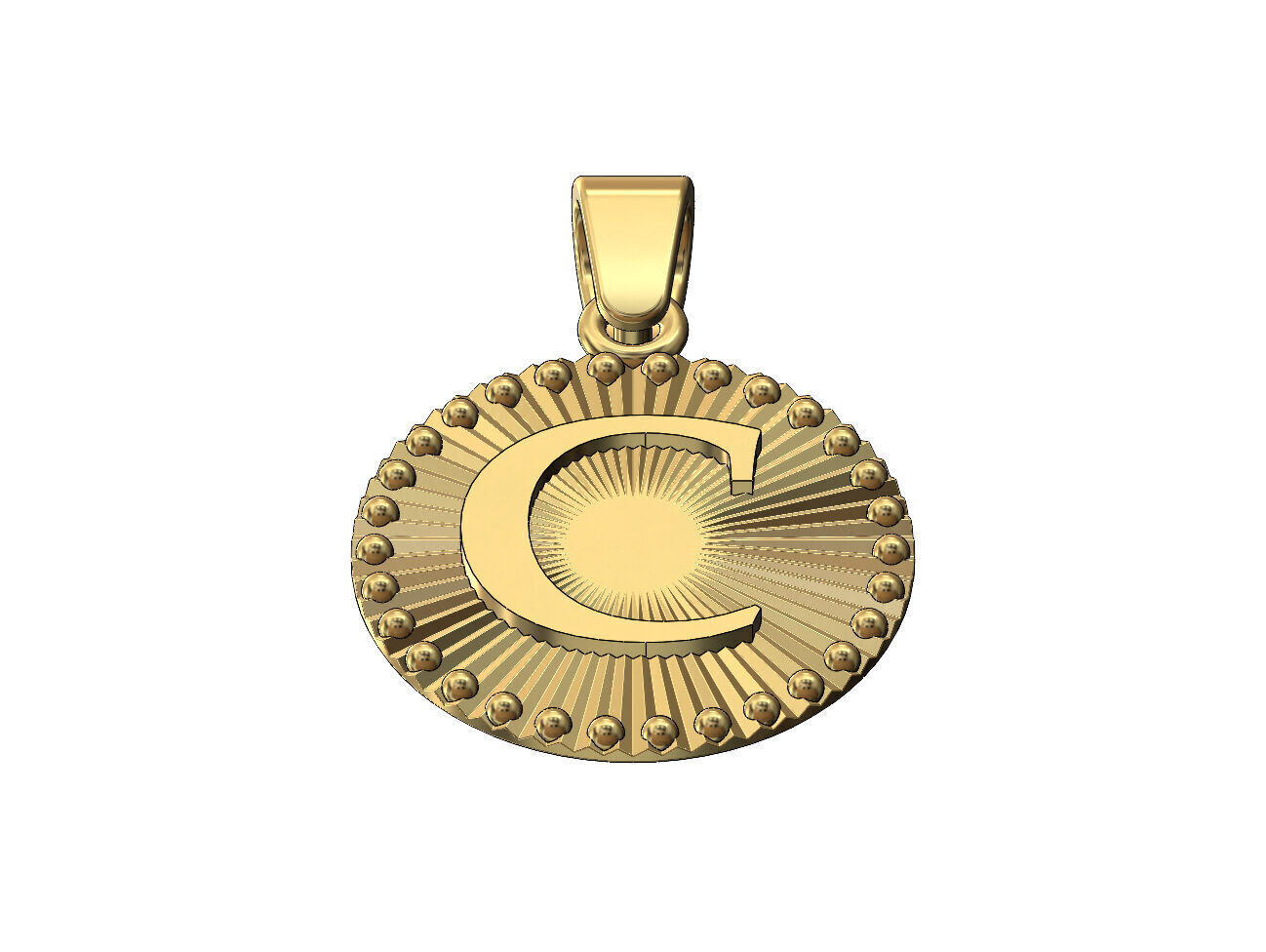 C letter initial faceted sunrays beaded coin pendant charm 3D print model_2