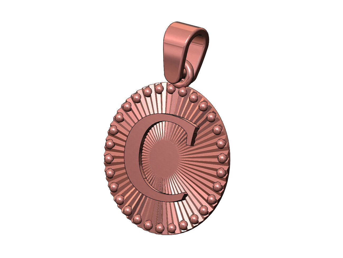 C letter initial faceted sunrays beaded coin pendant charm 3D print model_12