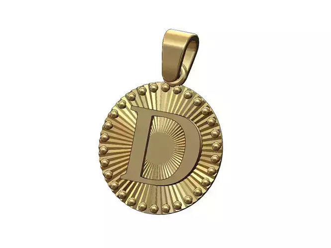 D letter initial faceted sunrays beaded coin pendant charm