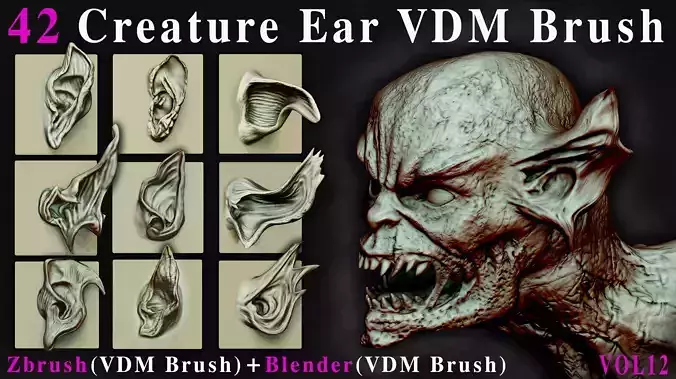 42 Creature Ear VDM Brush  - For ZBrush and Blender - Vol12