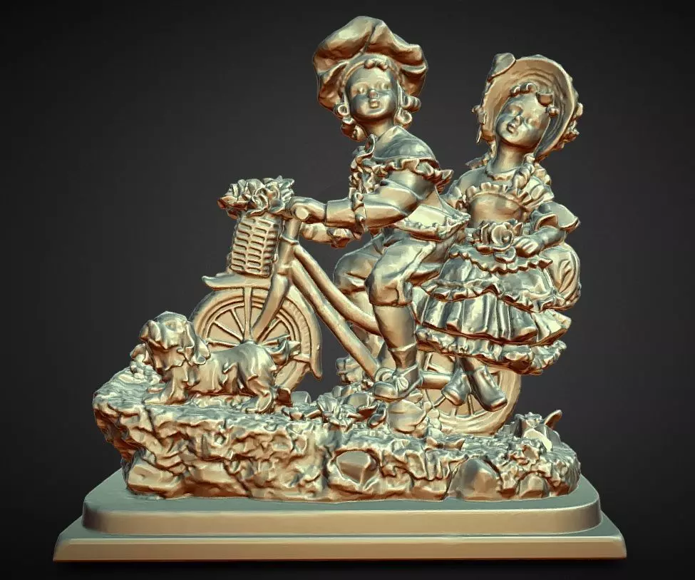 victorian children on a bike ride with dog 3D print model