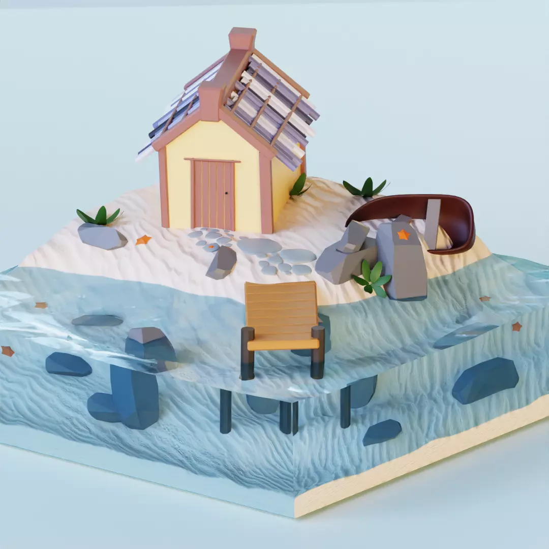 Low Poly Floating Island with Stylized Water Low-poly 3D model