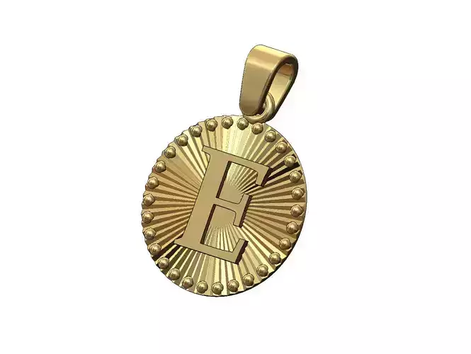 E letter initial faceted sunrays beaded coin pendant charm