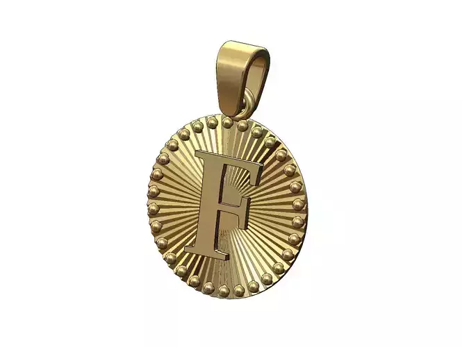 F letter initial faceted sunrays beaded coin pendant charm