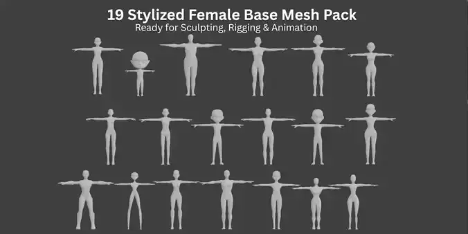 19 Stylized Female Base Mesh Pack 