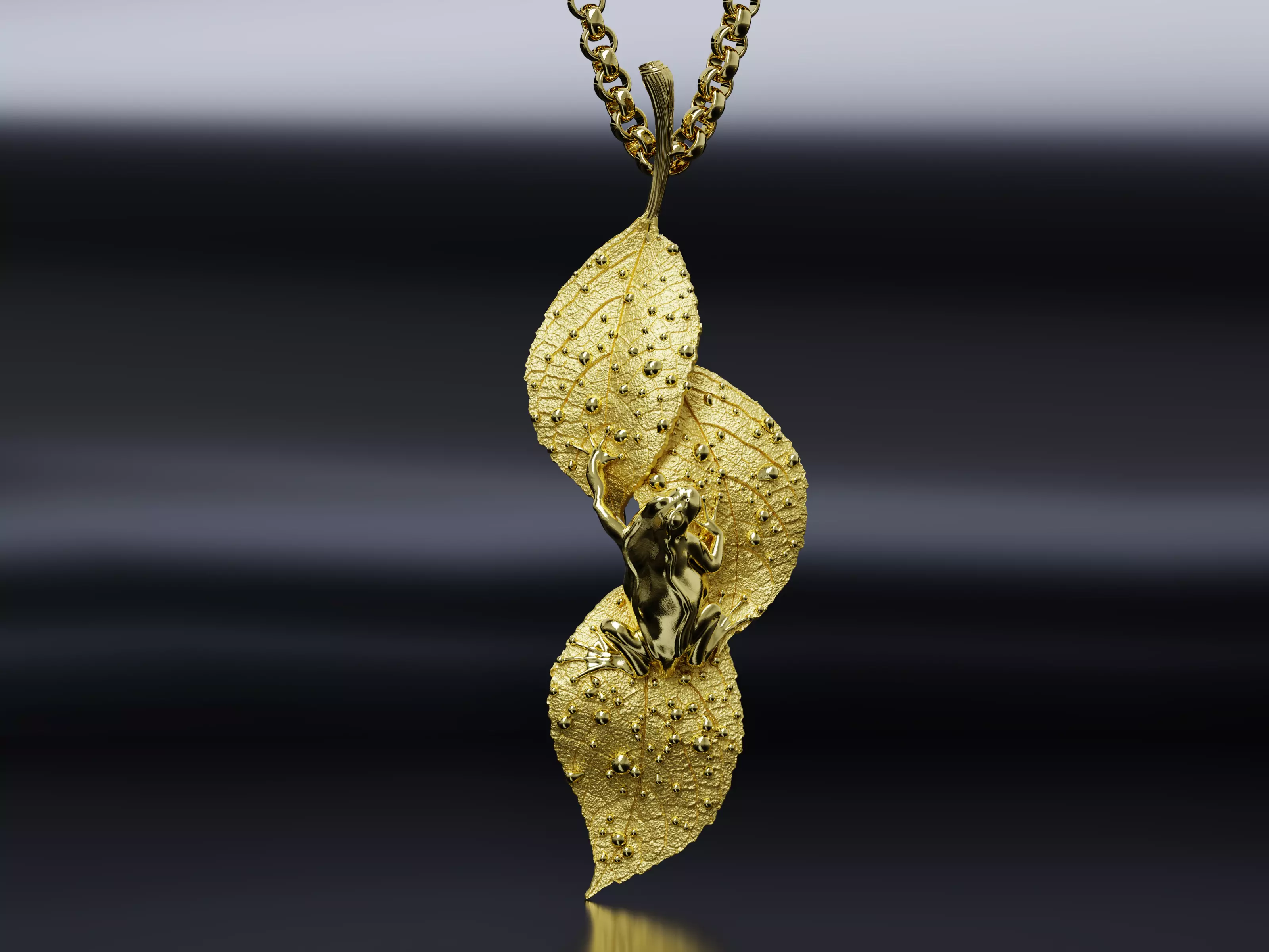 Frog on Dewy Leaves Pendant 3D print model_1