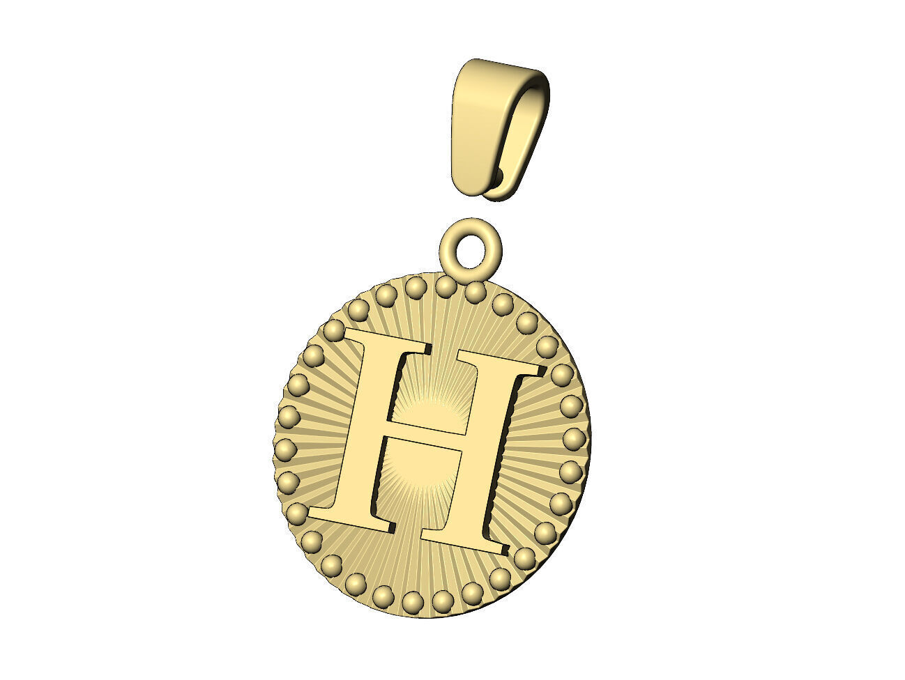 H letter initial faceted sunrays beaded coin pendant charm 3D print model_5