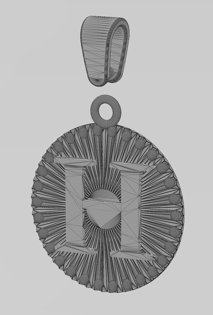 H letter initial faceted sunrays beaded coin pendant charm 3D print model_13
