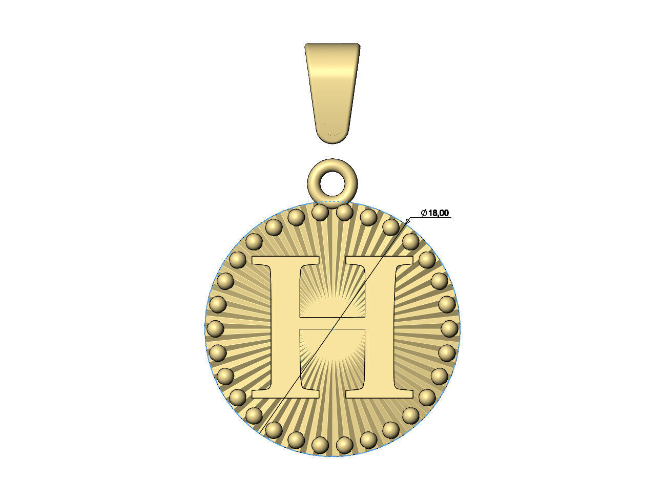 H letter initial faceted sunrays beaded coin pendant charm 3D print model_6