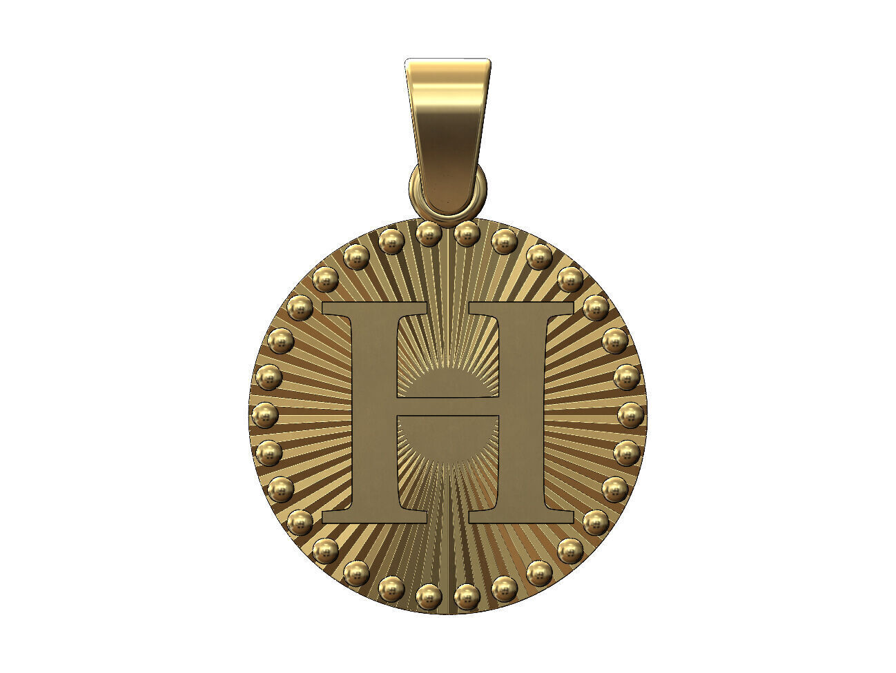 H letter initial faceted sunrays beaded coin pendant charm 3D print model_1