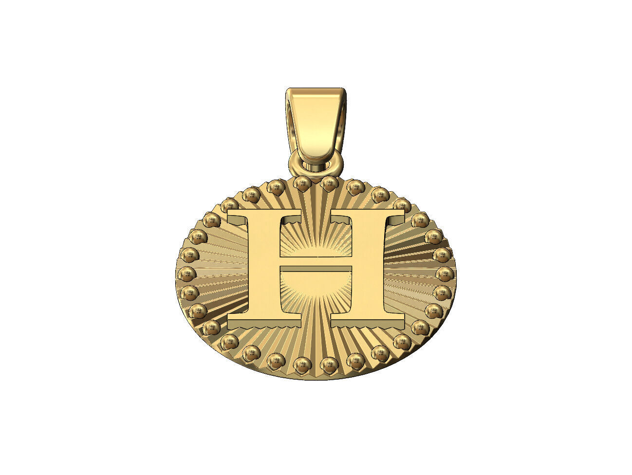 H letter initial faceted sunrays beaded coin pendant charm 3D print model_2