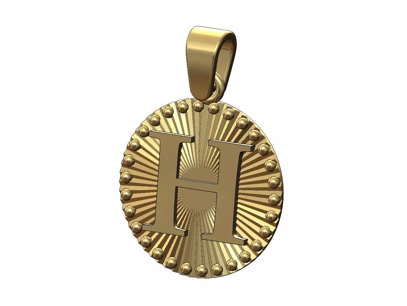 H letter initial faceted sunrays beaded coin pendant charm 3D print model_0