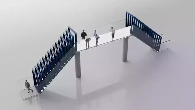 Modern Glass Pedestrian Bridge with Stairs High-Quality 3D Model