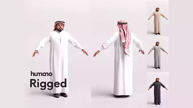 Arab man rigged -  different thobe colors - 065-6052 Low-poly 3D model