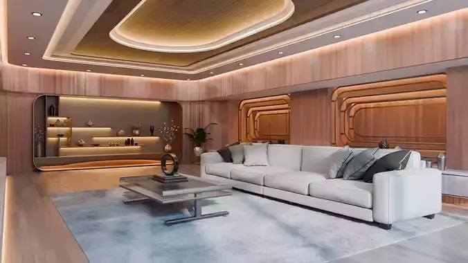 Modern Curved Wooden Living Room 3D model