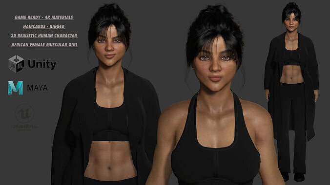 AAA 3D REALISTIC FEMALE CHARACTER - MUSCULAR AFRICAN WOMAN Low-poly 3D model