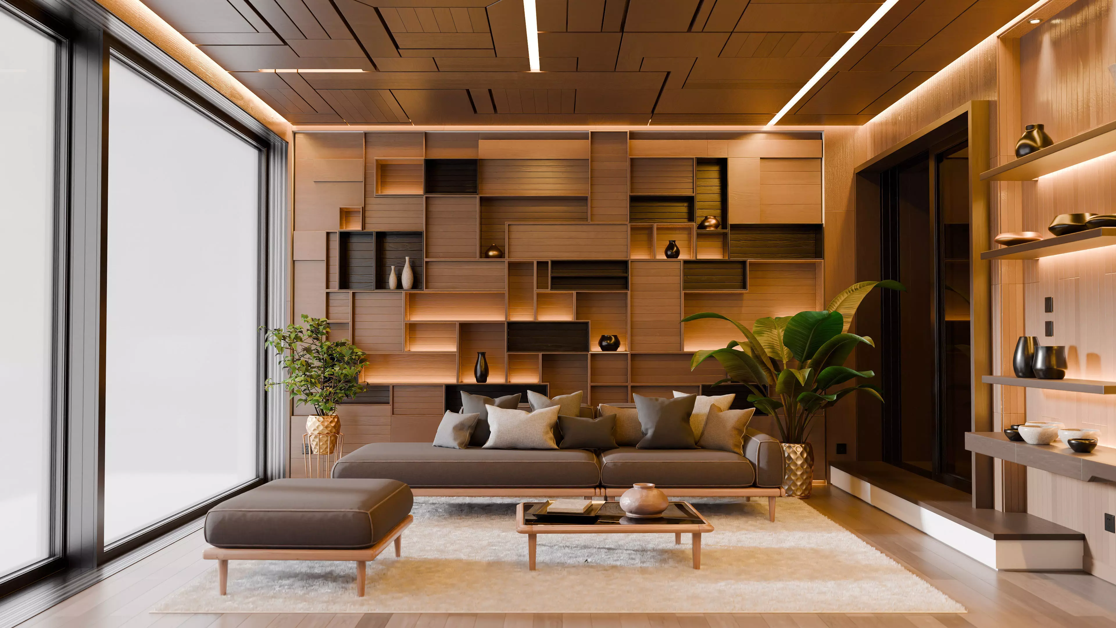 Modern Abstract Wooden Living Room 3D model